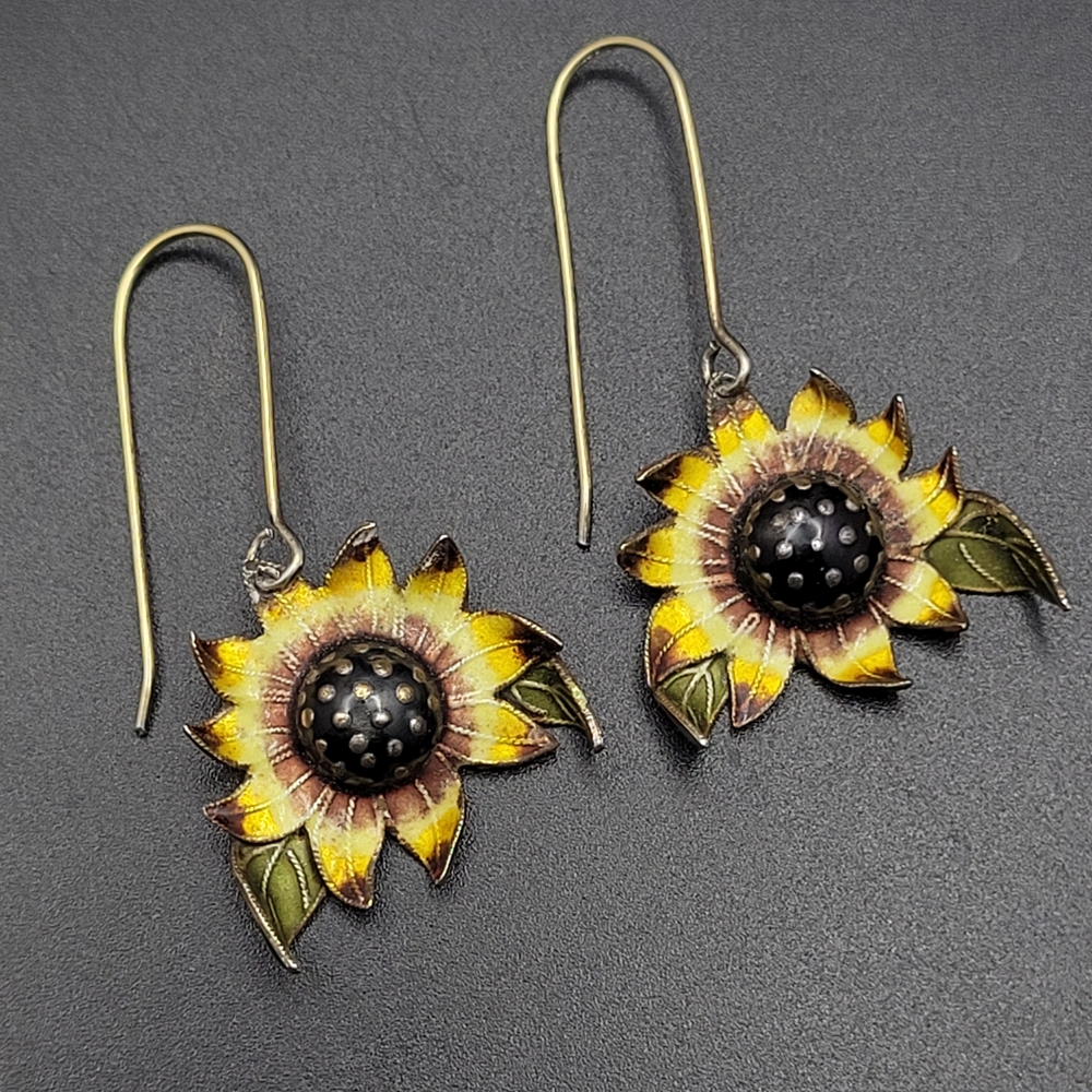 Vintage Cloisonné Sunflower Drop Earrings Sterling Silver Stamped Circa 1970s